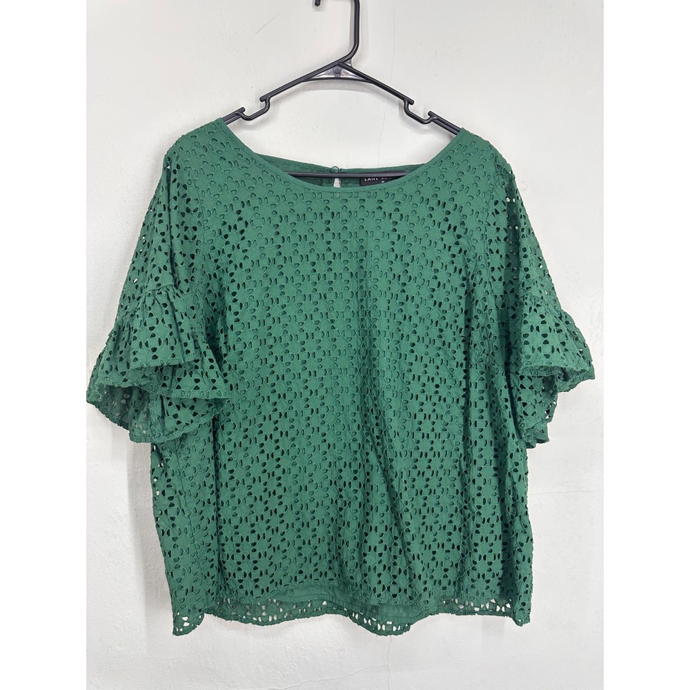 PLUS SIZE Lane Bryant Blouse Sz 22 Green Eyelet Ruffle Short Sleeve Keyhole Back